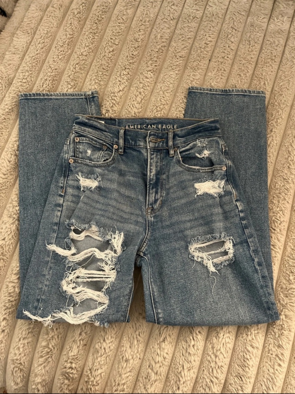 American Eagle Outfitters Distressed Dark Blue Straight Leg Jeans